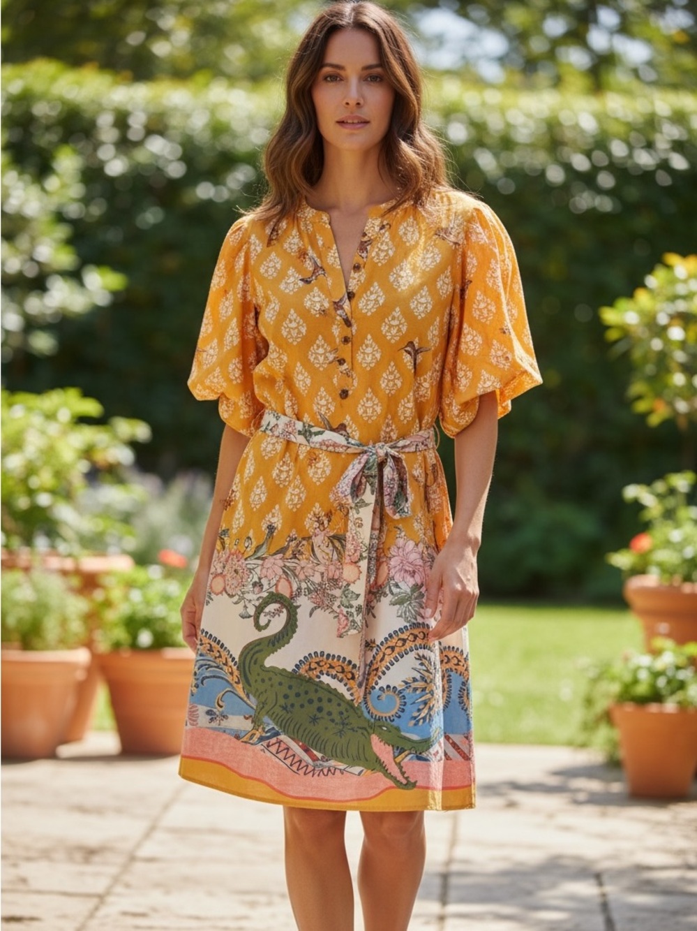 a loves a Yellow Printed Cotton Button-Front Dress